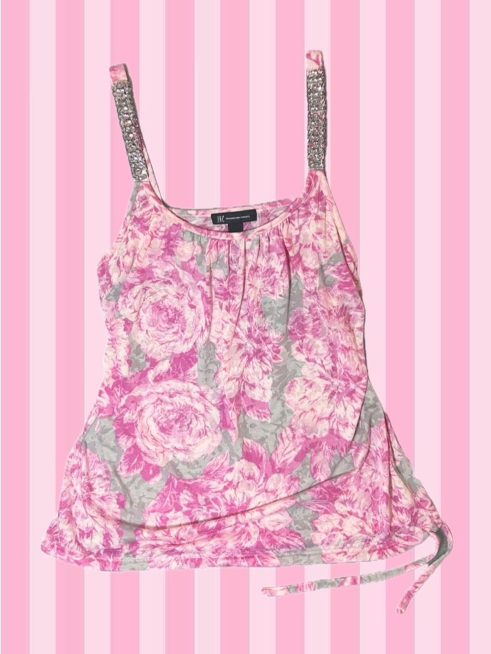 INC Pink Floral Rhinestone Tank Top Round Neck Size Medium Y2K McBling Style